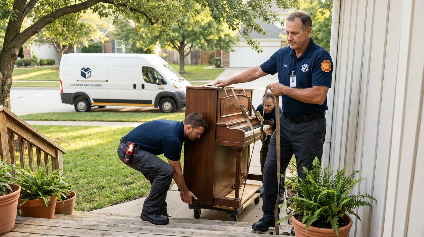 Licensed piano movers securing grand piano in Plainville, CT