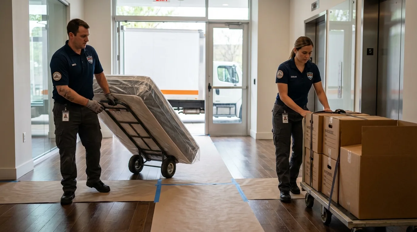 Professional apartment movers loading elevator in Plainville, CT