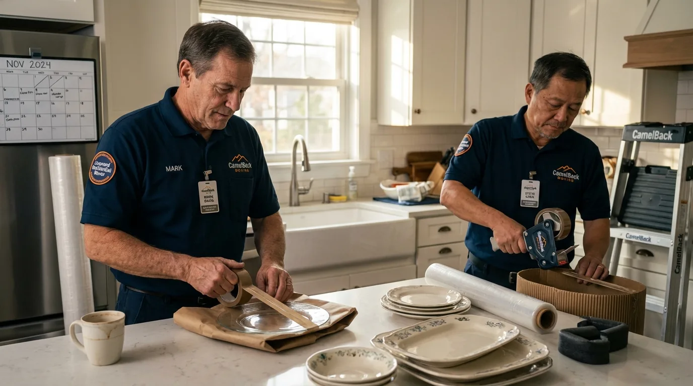 Professional crew packing kitchen dishware in Plainville, CT